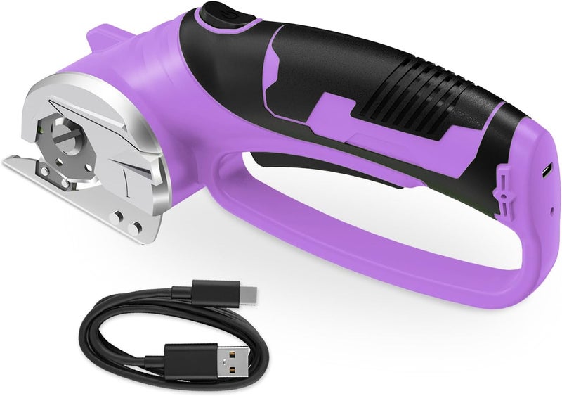 Mershca Cordless Electric Scissors, 4V Rechargeable Box Cutter & Cardboard Cutter with Titanium Blade, LED Light, Safety Lock - Rotary Cutter for Fabric, Leather, Carpet, Plastic, Crafting, Sewing(Purple) - Image 1
